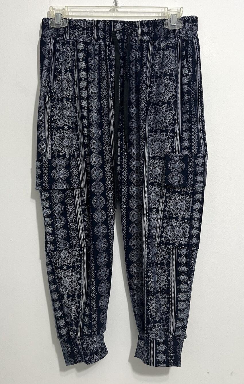 Always Women’s Jogger Pants Blue White Print Stretch Casual Lounge Size L Cargo - Picture 1 of 5